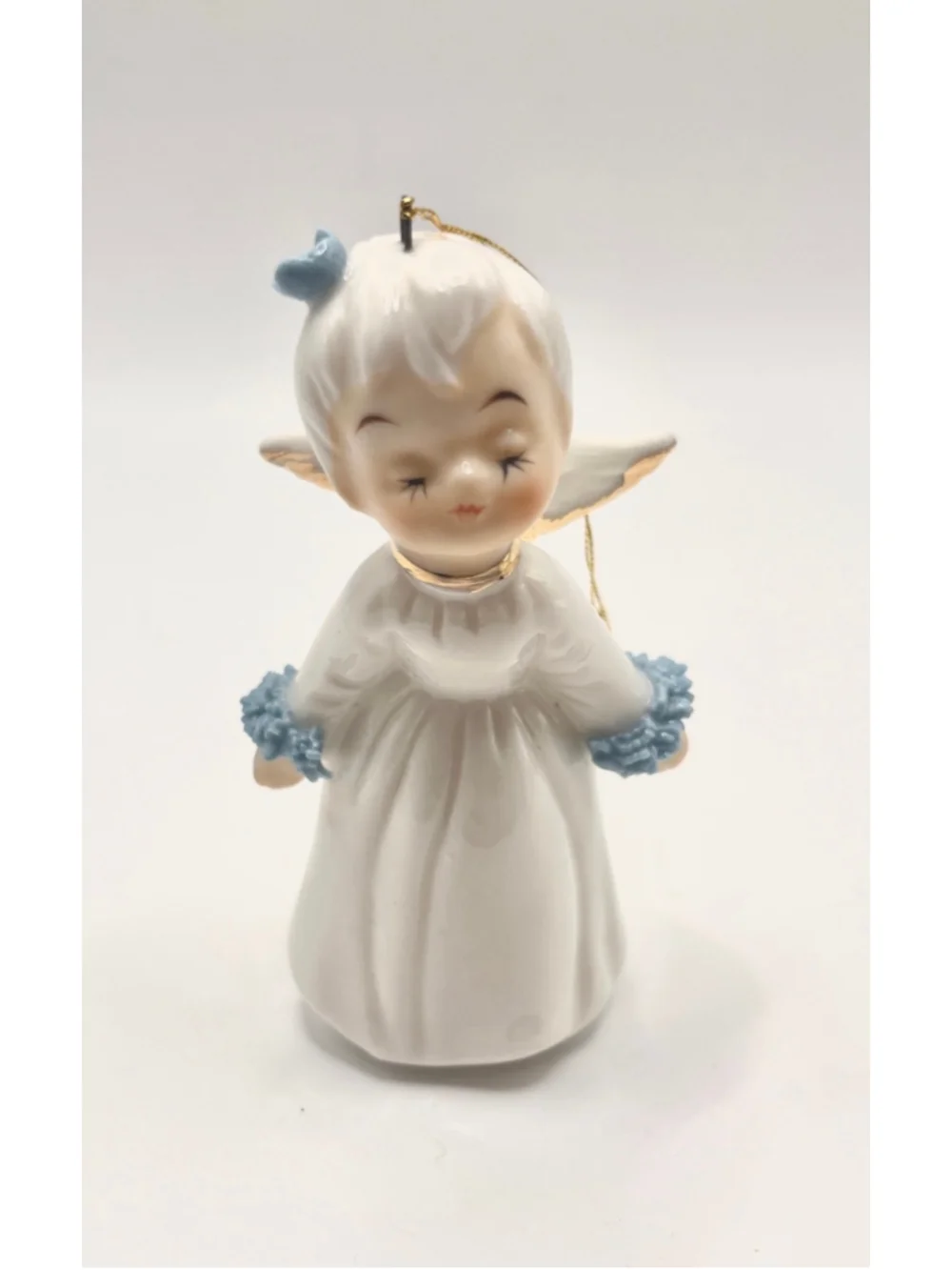 2 Vintage Ceramic Angel Christmas Ornaments Sleeping Blue Pink Japan Mid Century